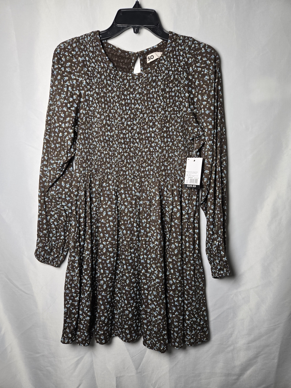 SO Women's Brown Floral Long-Sleeve Smocked Dress
